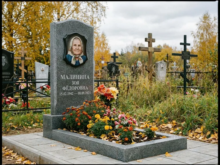 Чёрно-белый керамический портрет на памятнике в Кемерово