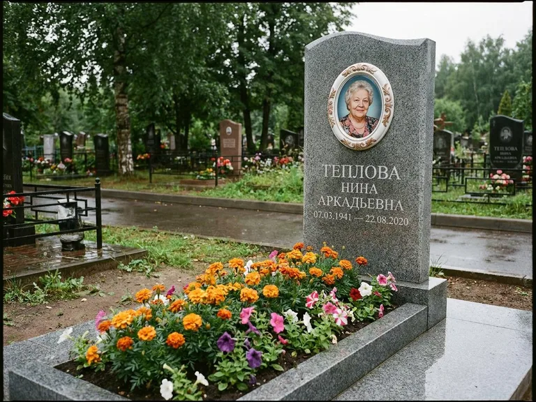 Керамический портрет на памятнике с цветами в Кемерово