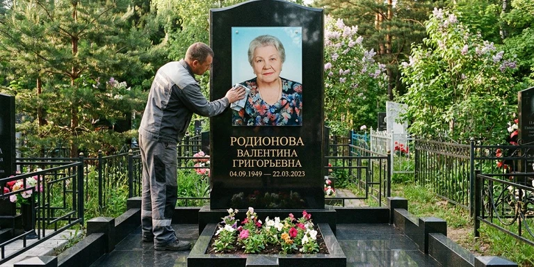 Фотокерамика и печать фото на памятник в Кемерово — мастер устанавливает цветной портрет на стекле на гранитный памятник