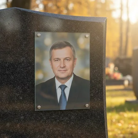 Портрет на стекле на держателях на чёрном граните в Кемерово