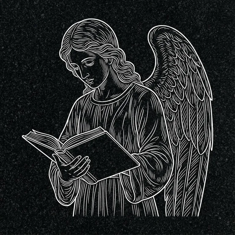 Эскиз гравировки ангела на памятник — ангел с раскрытой книгой в Кемерово