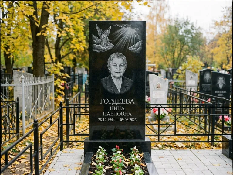 Памятник с гравировкой ангела — гравировка ангела в облаках с лучами над портретом, работа «Гордеева» в Кемерово