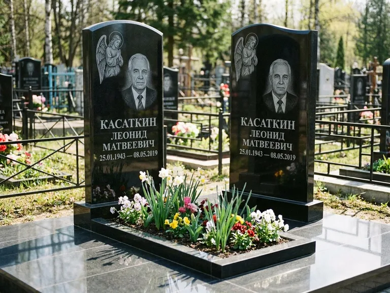 Памятник с гравировкой ангела — гравировка молящегося ангела в верхней части стелы, работа «Касаткин» в Кемерово