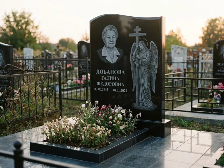 Памятник с гравировкой ангела — гравировка ангела с крестом рядом с эпитафией, работа «Лобанова» в Кемерово