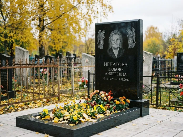 Памятник с гравировкой ангела — гравировка двух ангелов по сторонам портрета, работа «Игнатова» в Кемерово