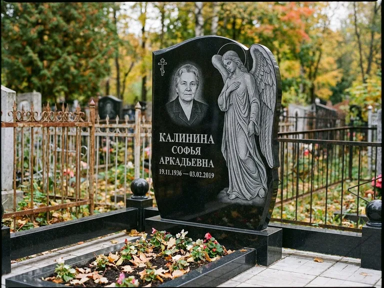 Памятник с гравировкой ангела — гравировка ангела с крестом рядом с эпитафией, работа «Игнатова» в Кемерово