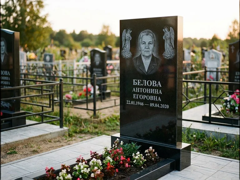 Памятник с гравировкой ангела — белая гравировка скорбящего ангела над портретом, работа «Журавлёва» в Кемерово