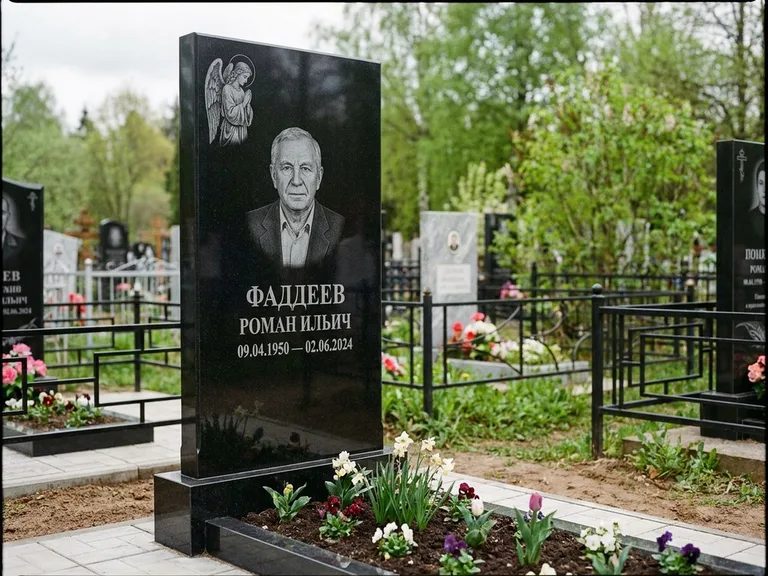 Памятник с гравировкой ангела — гравировка молящегося ангела в верхней части стелы, работа «Фаддеев» в Кемерово