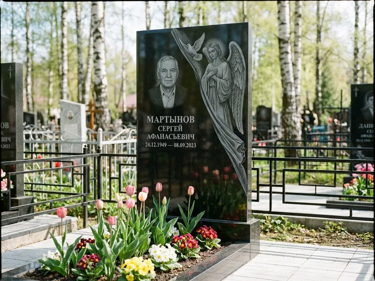 Памятник с гравировкой ангела — гравировка двух ангелов по сторонам портрета, работа «Касаткин» в Кемерово