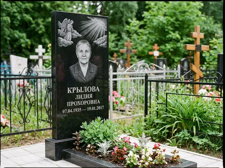 Памятник с гравировкой ангела — гравировка ангела в облаках с лучами над портретом, работа «Лобанова» в Кемерово