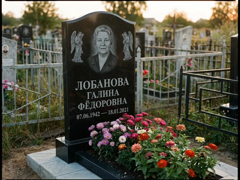 Памятник с гравировкой ангела — гравировка двух ангелов по сторонам портрета, работа «Лобанова» в Кемерово