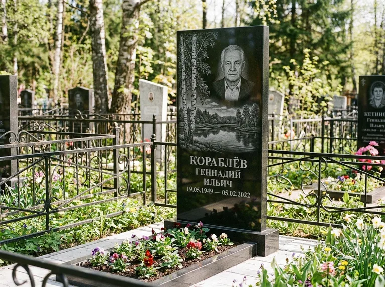 Памятник с гравировкой берёзы — гравировка берёзы у зеркального озера, работа «Кораблёв» в Кемерово