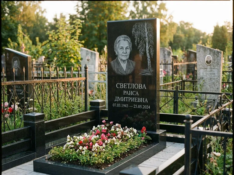 Памятник с гравировкой берёзы — гравировка плакучей берёзы с тонкими ветвями, работа «Светлова» в Кемерово
