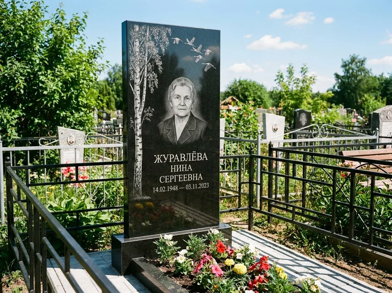 Памятник с гравировкой берёзы — гравировка берёзы с журавлиным клином в небе, работа «Журавлёва» в Кемерово