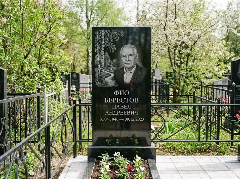 Памятник с гравировкой берёзы — гравировка берёзы у тропинки, уходящей вдаль, работа «Берестов» в Кемерово