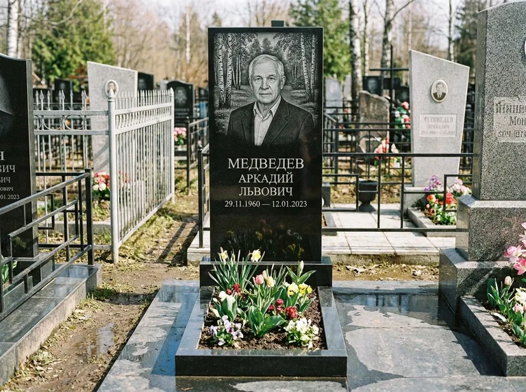 Памятник с гравировкой берёзы — гравировка берёзовой рощи в глубину, работа «Медведев» в Кемерово