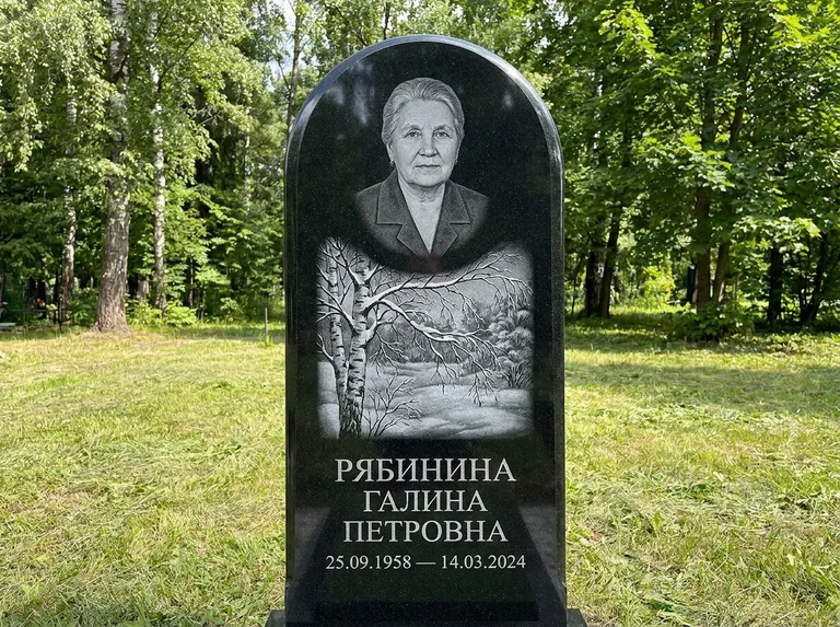 Памятник с гравировкой берёзы: стела с плавным арочным верхом — зимняя берёза, снег на ветвях, газон без ограды, стриженая трава, работа «Рябинина» в Кемерово