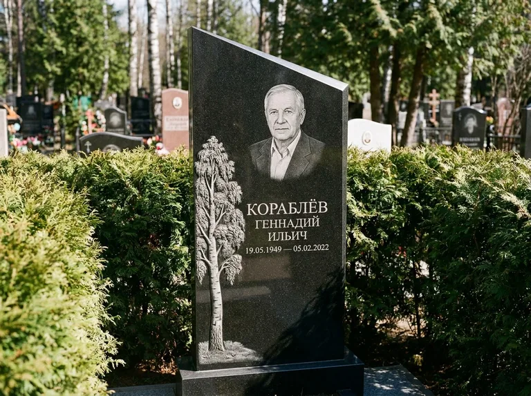 Памятник с гравировкой берёзы: асимметричная скошенная стела — объёмная одинокая берёза с фактурной корой, живая изгородь из туи, работа «Кораблёв» в Кемерово