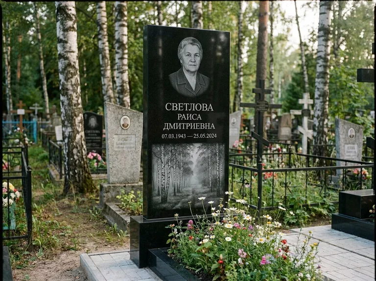 Памятник с гравировкой берёзы: двойная семейная стела — берёзовая роща в лёгкой дымке, цветник с полевыми цветами, работа «Светлова» в Кемерово