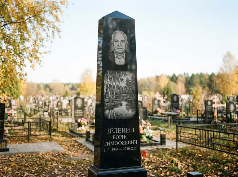 Памятник с гравировкой берёзы: гранёный обелиск-колонна — берёза у воды с отражением, открытый участок, мягкий свет, работа «Зеленин» в Кемерово