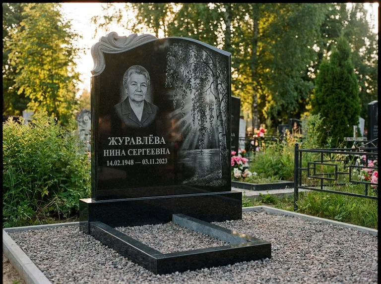 Памятник с гравировкой берёзы: стела с фигурным резным верхом — плакучая берёза в контровом свете, гравийная отсыпка, рассвет, работа «Журавлёва» в Кемерово