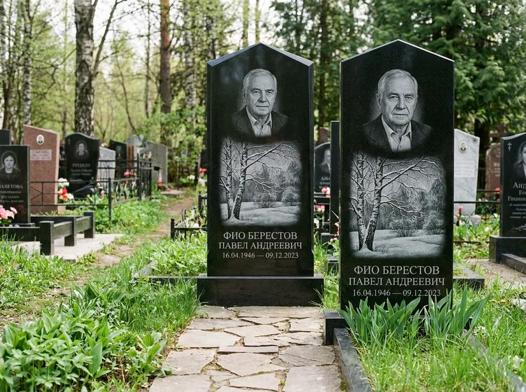 Памятник с гравировкой берёзы: массивная стела с двускатным навершием — зимняя берёза, снег на ветвях, дорожка из природного плитняка, работа «Берестов» в Кемерово