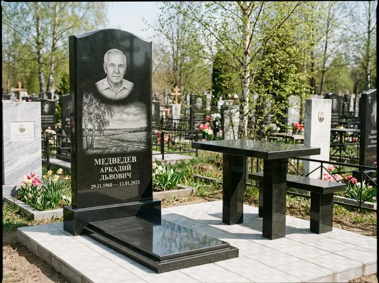Памятник с гравировкой берёзы: стела с гранитным столиком и скамьёй — берёза у поля, простор до горизонта, семейный участок с плиткой, работа «Медведев» в Кемерово