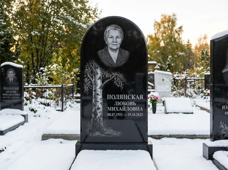 Памятник с гравировкой берёзы: полукруглая стела — объёмная одинокая берёза с фактурной корой, заснеженный зимний участок, работа «Полянская» в Кемерово