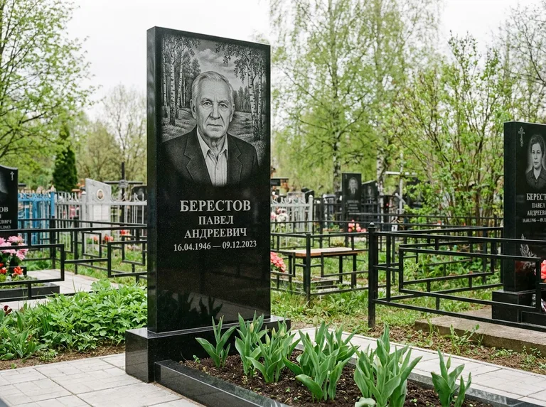 Памятник с гравировкой берёзы — гравировка берёзовой рощи в глубину, работа «Берестов» в Кемерово