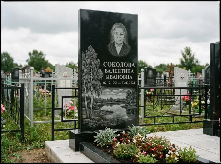 Памятник с гравировкой берёзы — гравировка берёзы у зеркального озера, работа «Соколова» в Кемерово