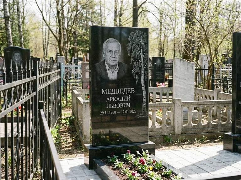 Памятник с гравировкой берёзы — гравировка плакучей берёзы с тонкими ветвями, работа «Медведев» в Кемерово