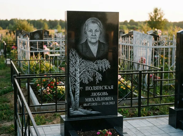 Памятник с гравировкой берёзы — гравировка зимней берёзы в инее, работа «Полянская» в Кемерово