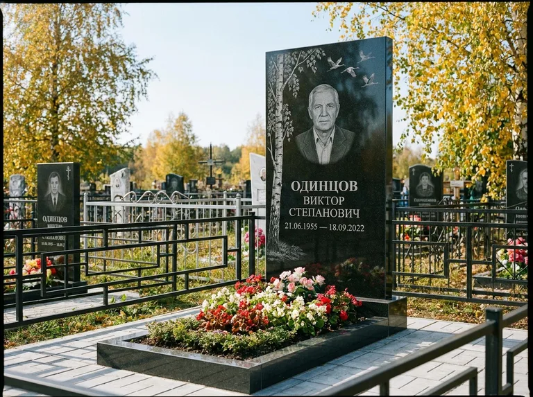 Памятник с гравировкой берёзы — гравировка берёзы с журавлиным клином в небе, работа «Одинцов» в Кемерово