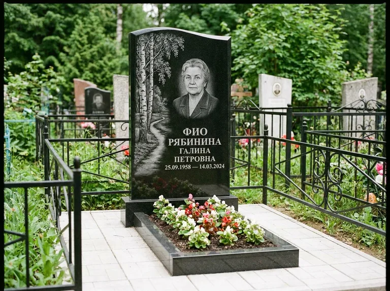 Памятник с гравировкой берёзы — гравировка берёзы у тропинки, уходящей вдаль, работа «Рябинина» в Кемерово