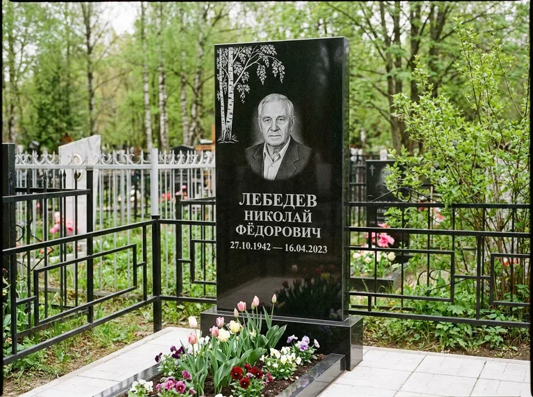Памятник с гравировкой берёзы — гравировка одинокой берёзы над именем, работа «Лебедев» в Кемерово
