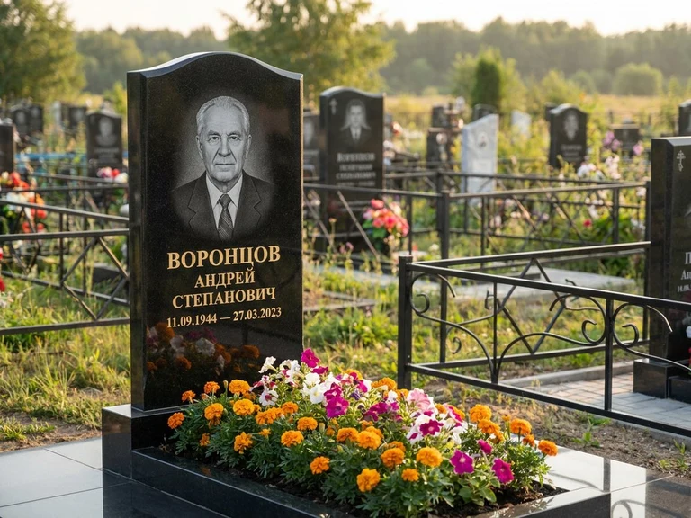 Гравировка фото на памятнике в Кемерово — готовый гравированный портрет на чёрном граните