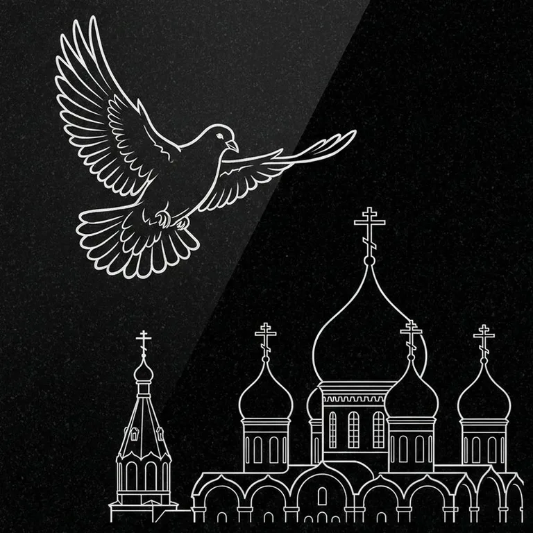 Эскиз гравировки голубей на памятник — голубь в небе над храмом в Кемерово
