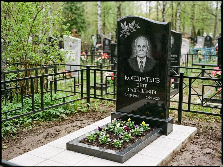 Памятник с гравировкой голубей — гравировка пары голубей на ветке в верхнем углу стелы, работа «Кондратьев» в Кемерово