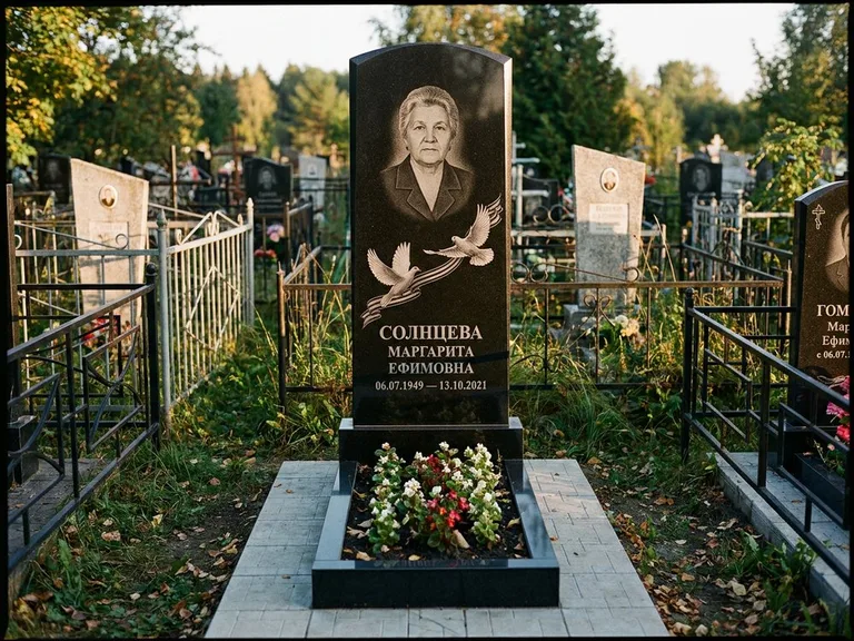 Памятник с гравировкой голубей — гравировка двух летящих голубей с лентой по диагонали стелы, работа «Солнцева» в Кемерово