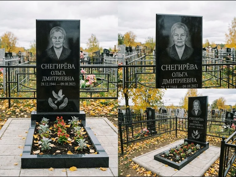 Памятник с гравировкой голубей — гравировка голубя над раскрытыми ладонями внизу стелы, работа «Снегирёва» в Кемерово
