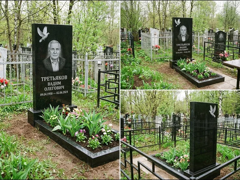 Памятник с гравировкой голубей — белая гравировка взлетающего голубя над портретом, работа «Третьяков» в Кемерово