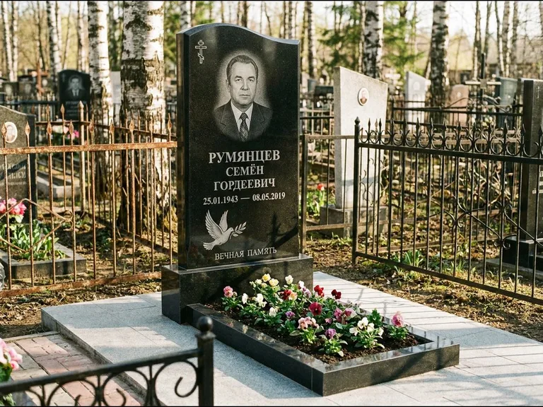 Памятник с гравировкой голубей — гравировка голубя с оливковой ветвью рядом с эпитафией, работа «Румянцев» в Кемерово