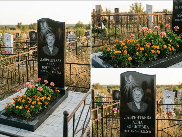 Памятник с гравировкой голубей — гравировка голубя в лучах света над портретом, работа «Лаврентьева» в Кемерово