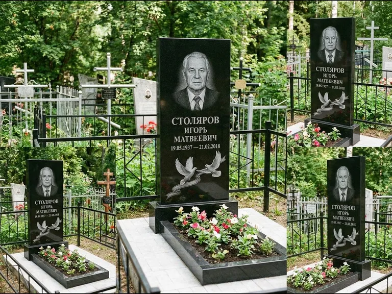Памятник с гравировкой голубей — гравировка двух летящих голубей с лентой по диагонали стелы, работа «Столяров» в Кемерово