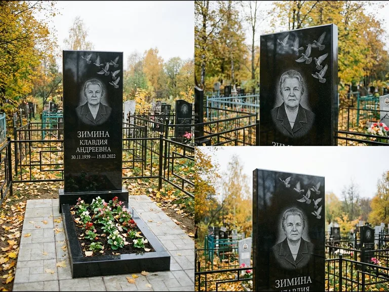 Памятник с гравировкой голубей — гравировка стаи голубей, взлетающей от угла стелы, работа «Зимина» в Кемерово