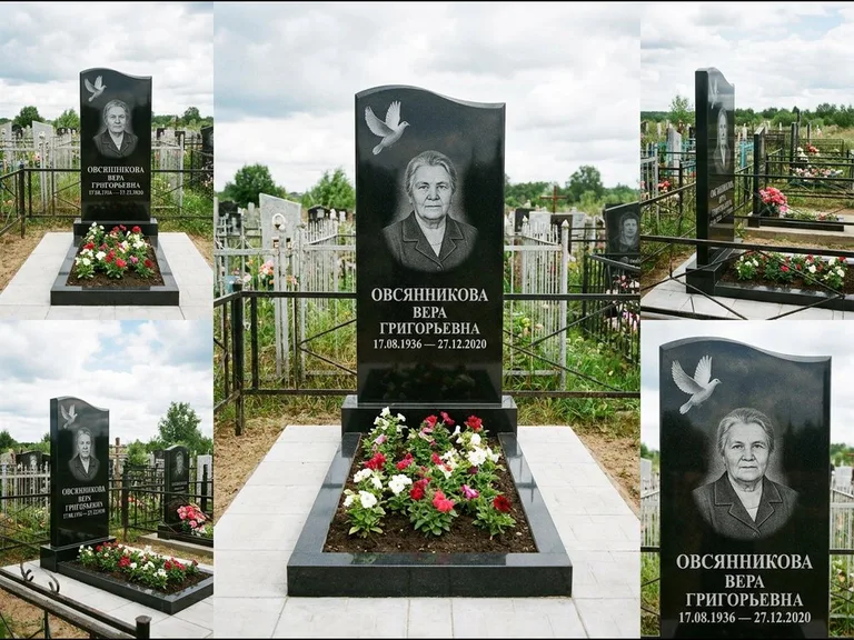 Памятник с гравировкой голубей — белая гравировка взлетающего голубя над портретом, работа «Овсянникова» в Кемерово