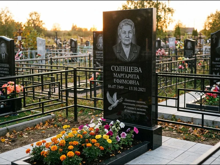 Памятник с гравировкой голубей — гравировка голубя с оливковой ветвью рядом с эпитафией, работа «Солнцева» в Кемерово