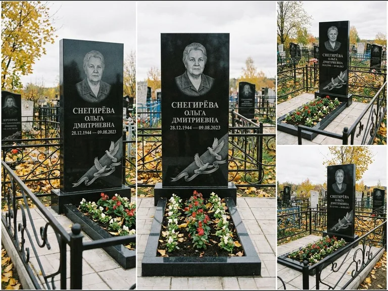 Памятник с гравировкой голубей — гравировка двух летящих голубей с лентой по диагонали стелы, работа «Снегирёва» в Кемерово