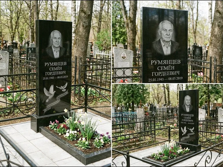 Памятник с гравировкой голубей — гравировка двух летящих голубей с лентой по диагонали стелы, работа «Румянцев» в Кемерово