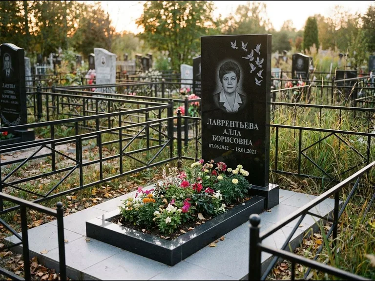 Памятник с гравировкой голубей — гравировка стаи голубей, взлетающей от угла стелы, работа «Лаврентьева» в Кемерово